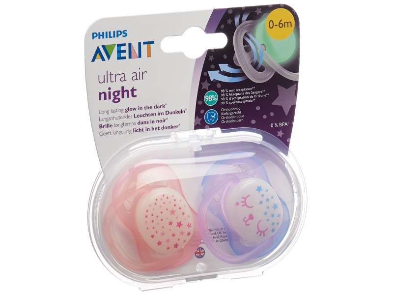 Avent Philips sucette ultra air  nuit 0-6m fille étoile/chat